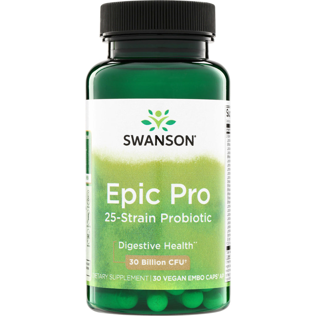 SWA030 | Swanson Epic Pro 25-Strain Probiotic bottle front, Digestive Health, 30 Billion CFU+, 30 vegan capsules - Thumbnail