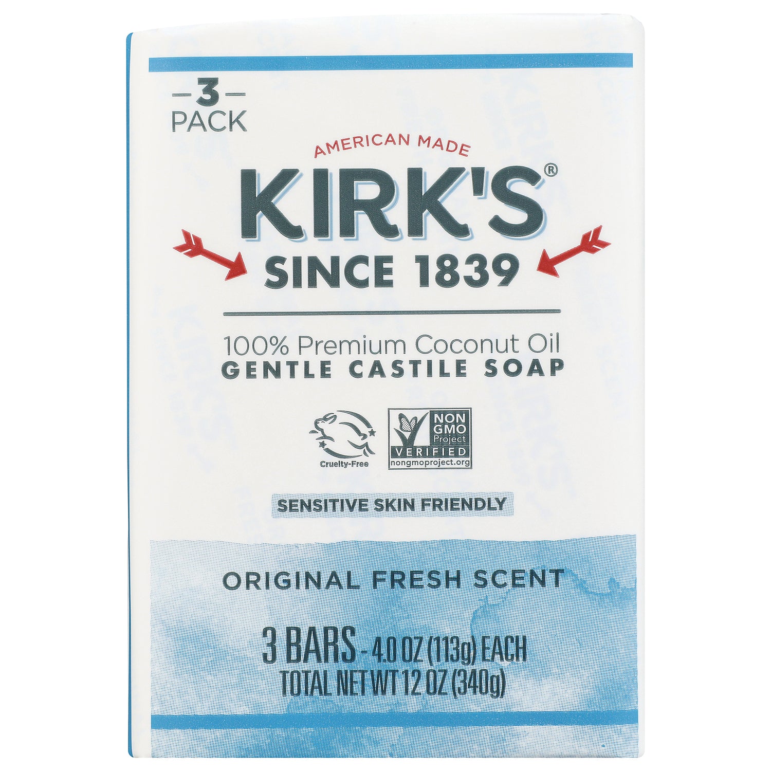KIR012 | Kirk's Gentle Castile Soap 3-pack front packaging, original fresh scent, 3 bars total net wt 12 oz