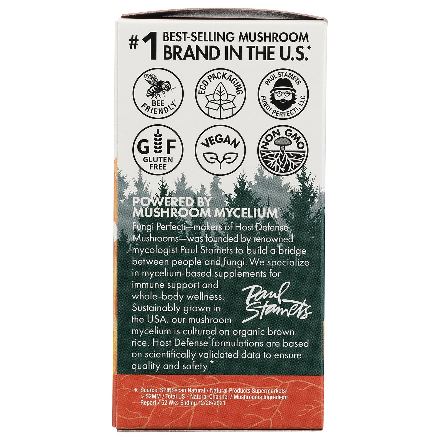 FUN004 | Back of supplement box with certification icons and visible text Powered by mushroom mycelium and product description