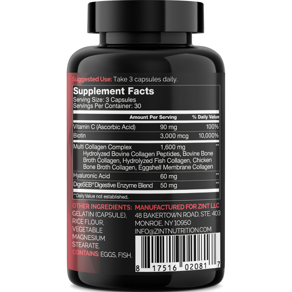 ZIN026 | Back label with Supplement Facts: serving size 3 capsules; Vitamin C, Biotin, Multi Collagen Complex, Hyaluronic Acid - Thumbnail