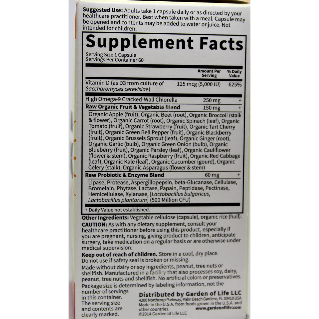 GLF137 | Supplement Facts panel showing vitamin D amount, raw organic fruit and vegetable blend and other ingredients - Thumbnail