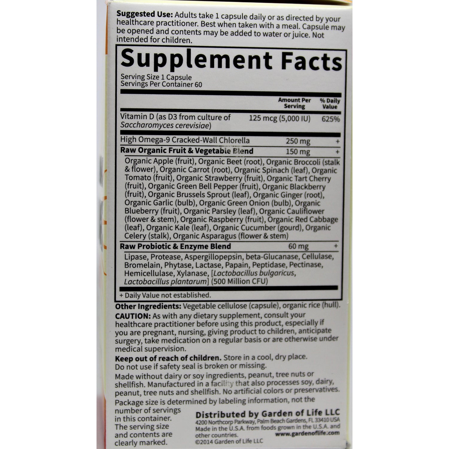 GLF137 | Supplement Facts panel showing vitamin D amount, raw organic fruit and vegetable blend and other ingredients