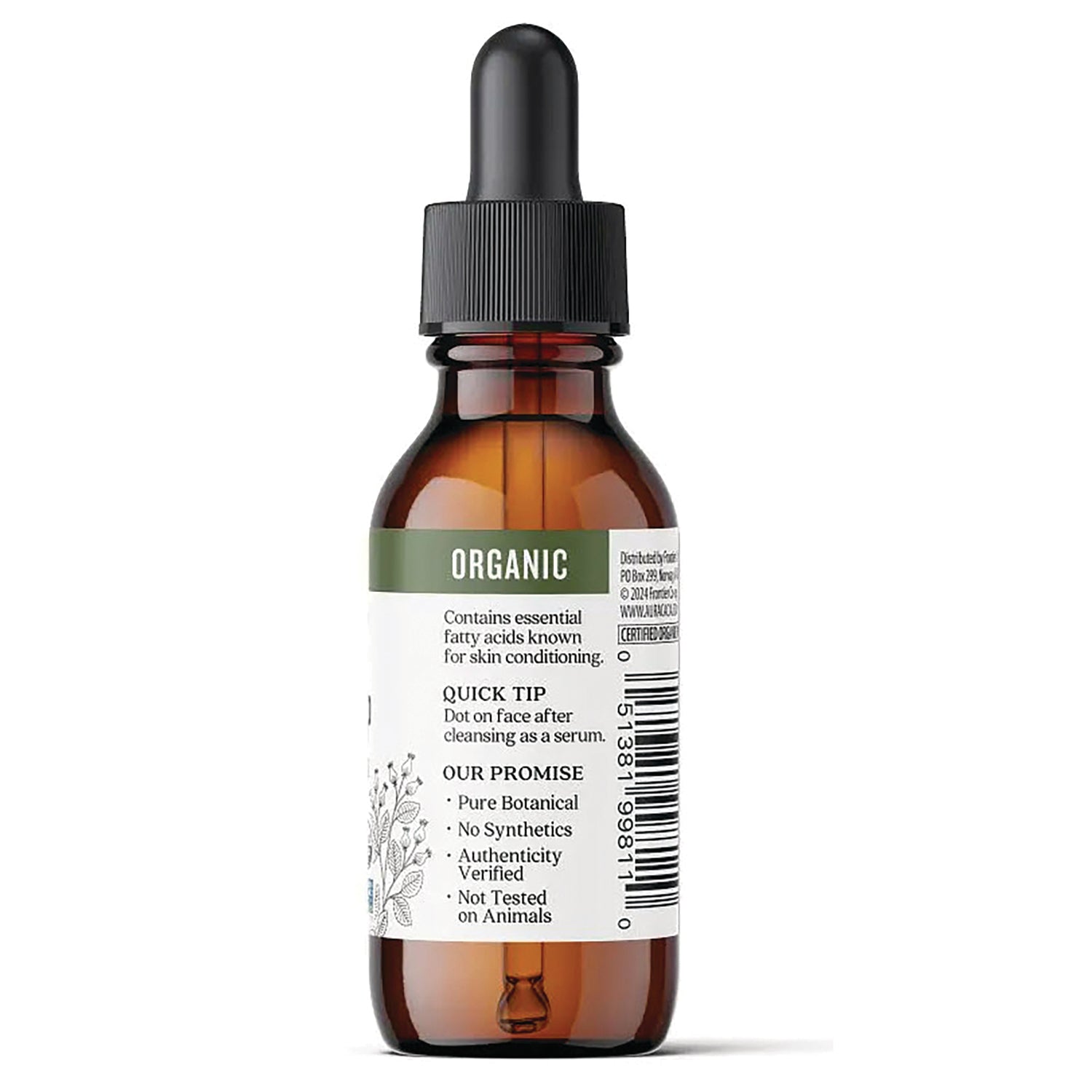 ARC233 | Amber dropper bottle back label reading ORGANIC with usage tips, promise bullets and barcode
