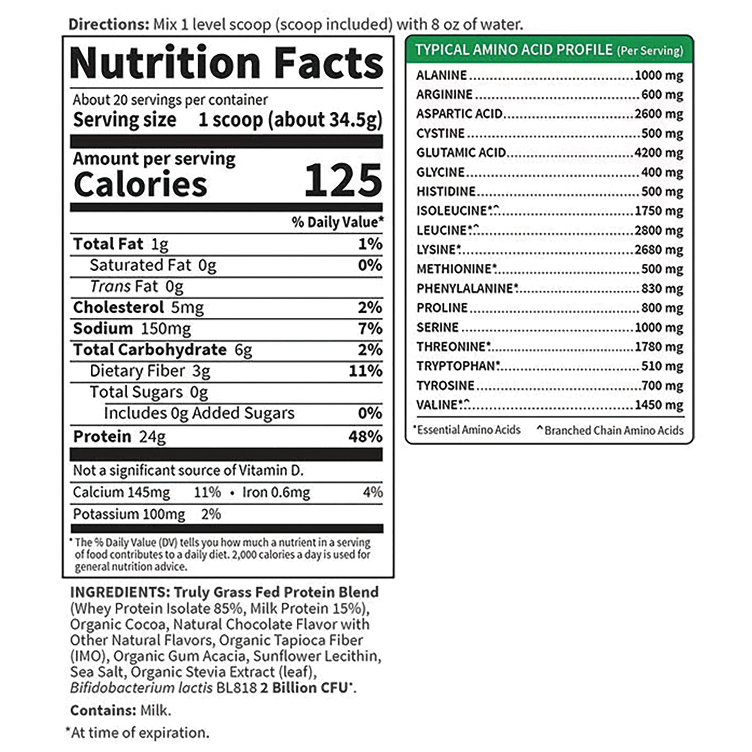 GLF229 | back label showing nutrition facts panel with 125 calories, 24g protein, and ingredient list