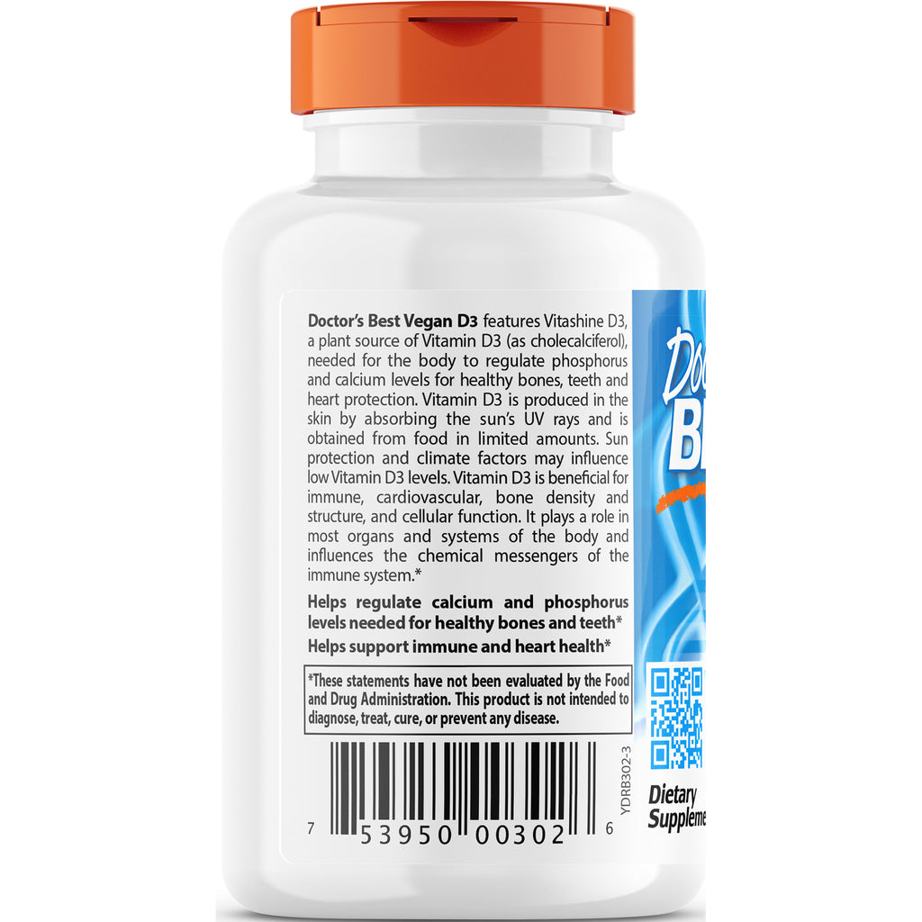 DB232 | Back label of Doctor's Best Vegan D3 bottle showing product description, supplement facts text, barcode and QR code - Thumbnail
