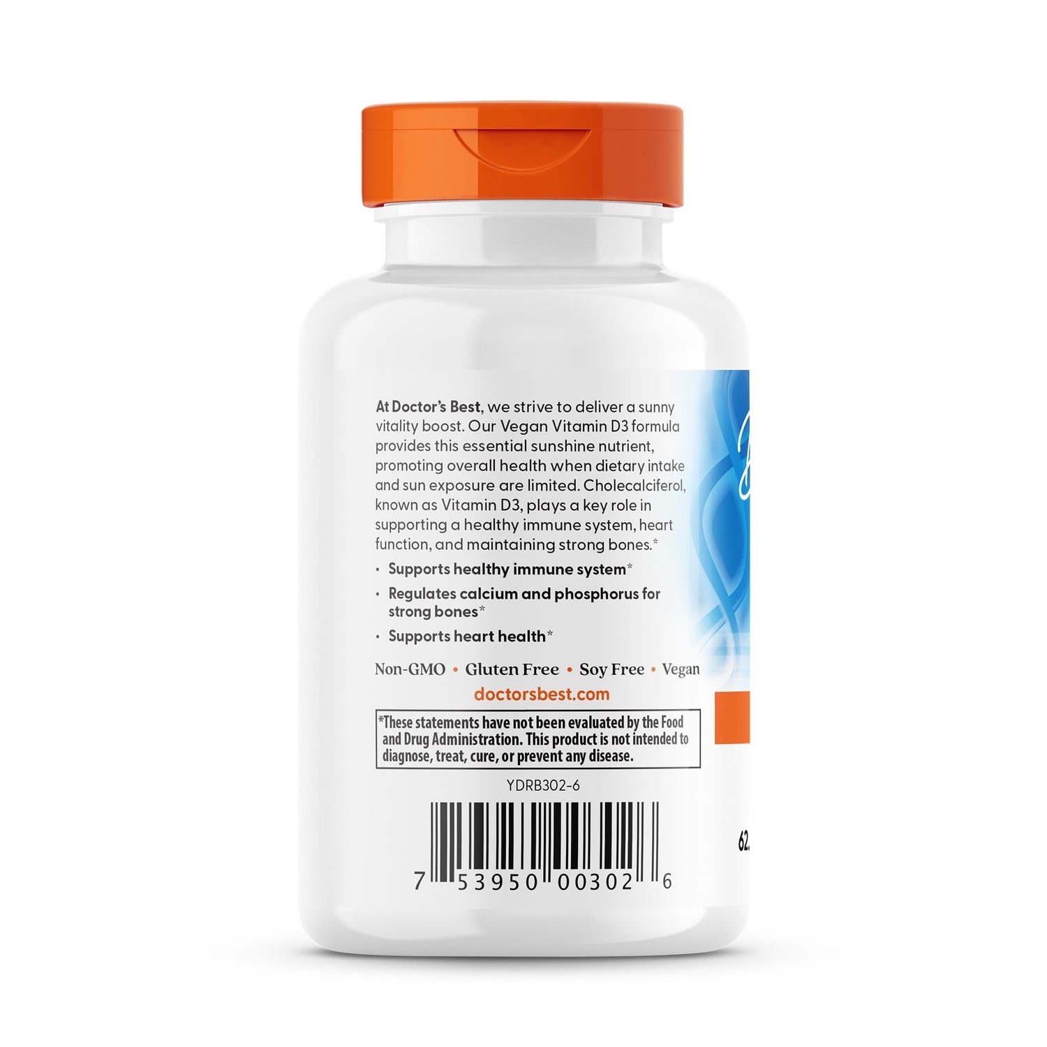 DB232 | Back label of Doctor's Best Vegan D3 bottle showing product description, supplement facts text, barcode and QR code