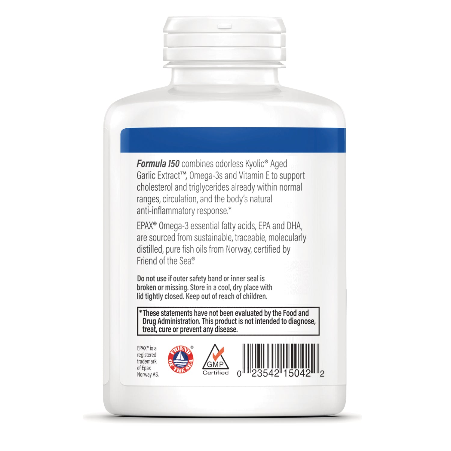 KY147 | Back label showing Formula 150 description, storage warnings, certifications and barcode