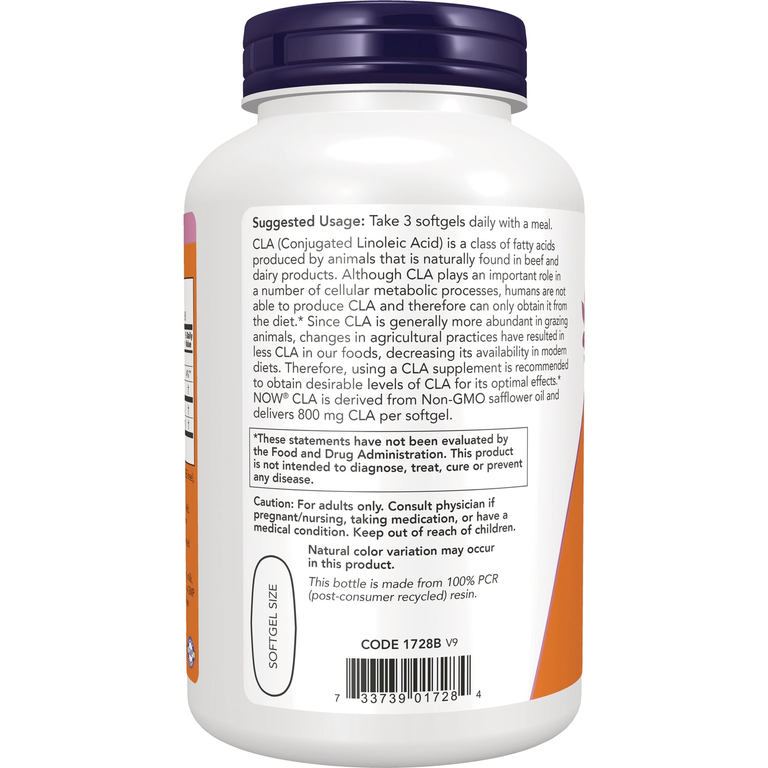 NWF807 | Back of white supplement bottle showing Suggested Usage Take 3 softgels daily, caution box, barcode and code 1728B