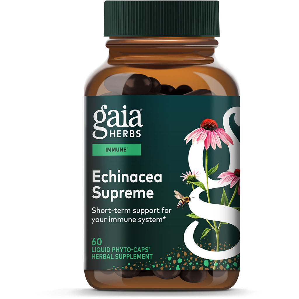 GH007 | Gaia Herbs Echinacea Supreme supplement bottle front showing floral label and 60 vegan liquid phyto-caps - Thumbnail