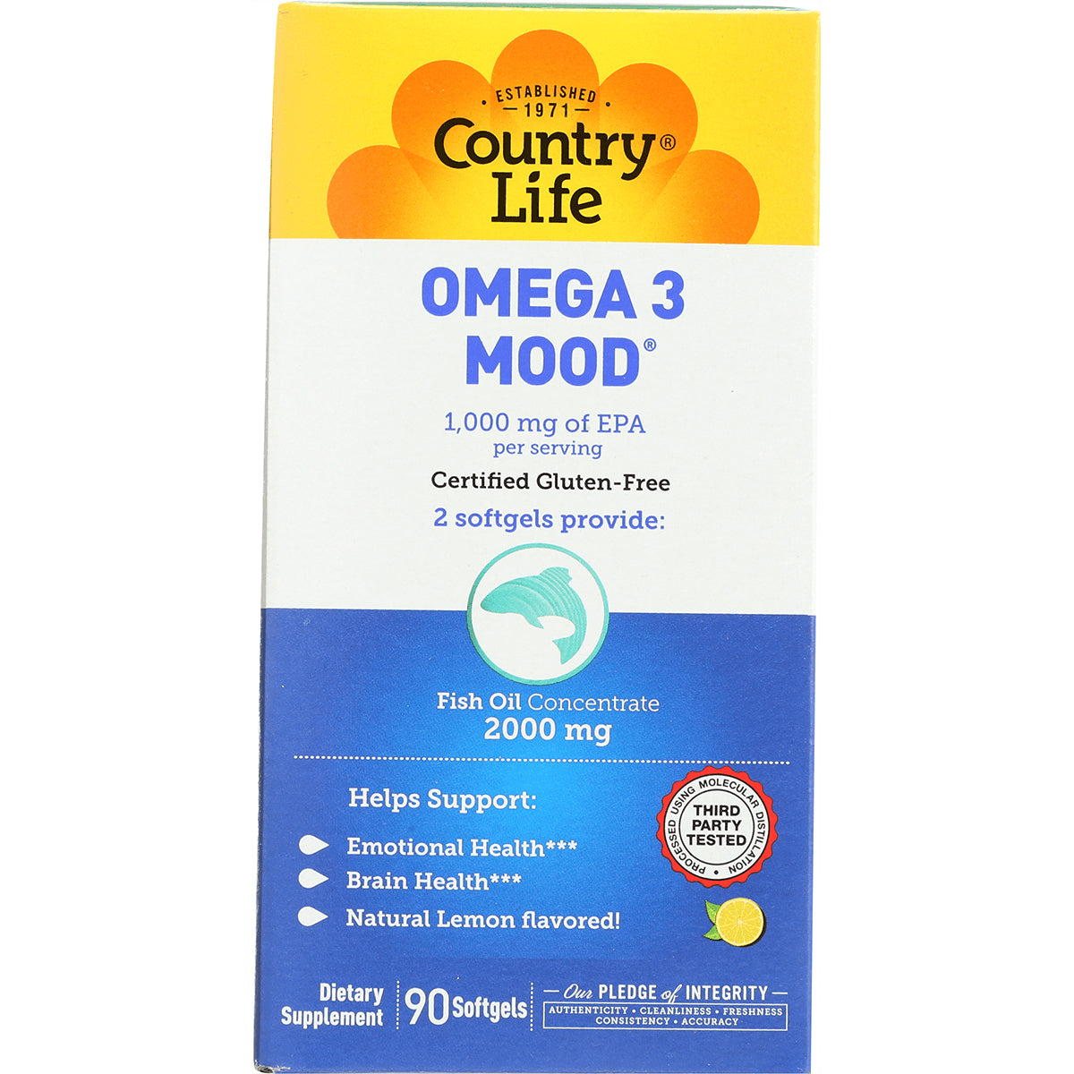 CRL298 | Country Life Omega 3 Mood box, 2000 mg fish oil concentrate, 90 softgels, natural lemon flavored
