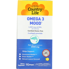 CRL298 | Country Life Omega 3 Mood box, 2000 mg fish oil concentrate, 90 softgels, natural lemon flavored