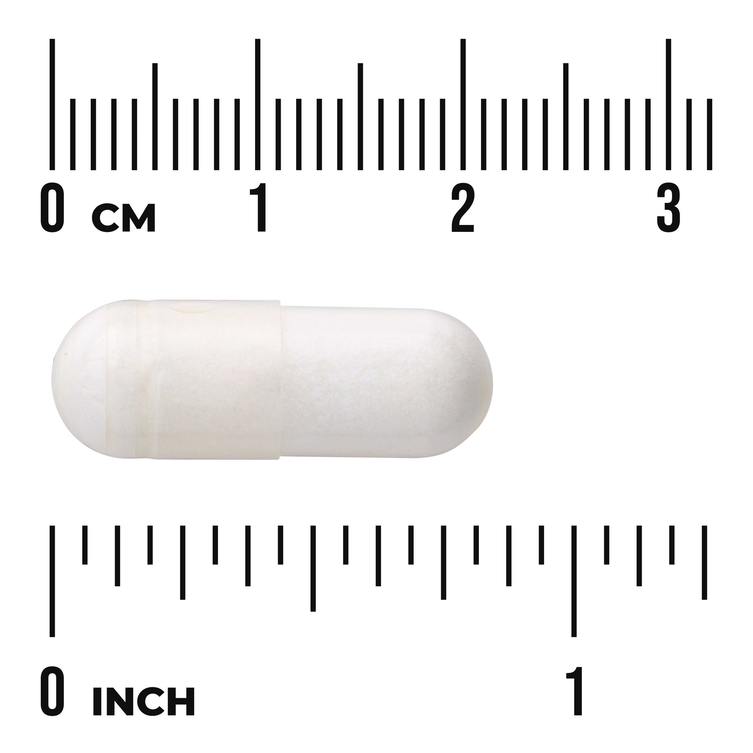 SW1408 | White capsule shown with size scale in centimeters and inches