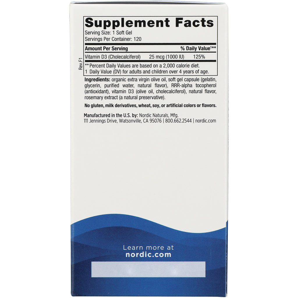 NRN063 | Back panel showing Supplement Facts with Vitamin D3 25 mcg, ingredients and manufacturer information - Thumbnail