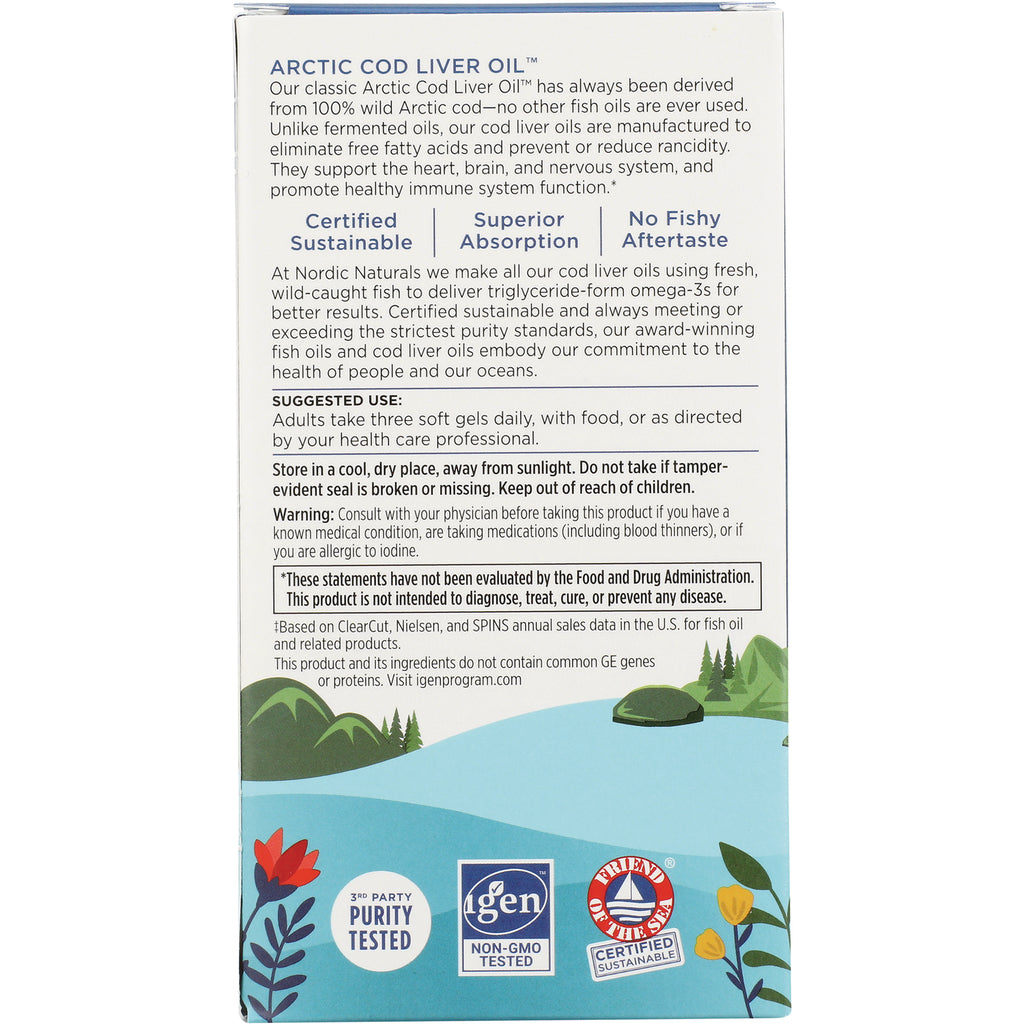 NRN020 | Back panel of Arctic Cod Liver Oil box showing suggested use, warnings, sustainability claims, and certification icons - Thumbnail