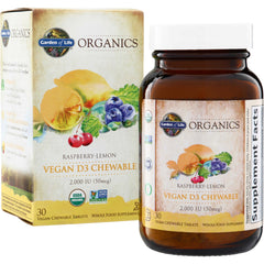 GLF218 | Garden of Life Organics Raspberry-Lemon Vegan D3 Chewable 2,000 IU (50 mcg), 30 tablets box and bottle
