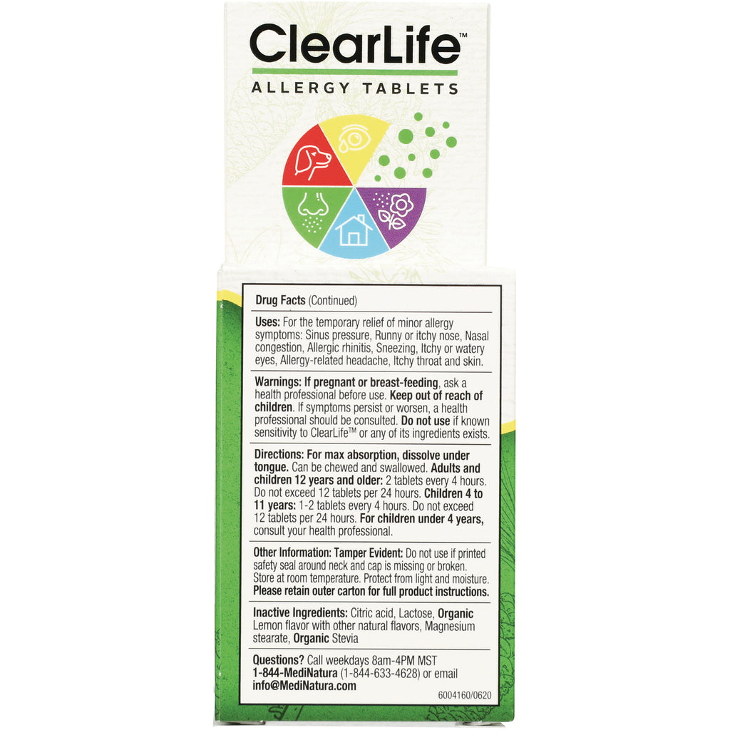 MNA054 | Back panel with Drug Facts, uses, warnings, directions and inactive ingredients for ClearLife Allergy Tablets - Thumbnail
