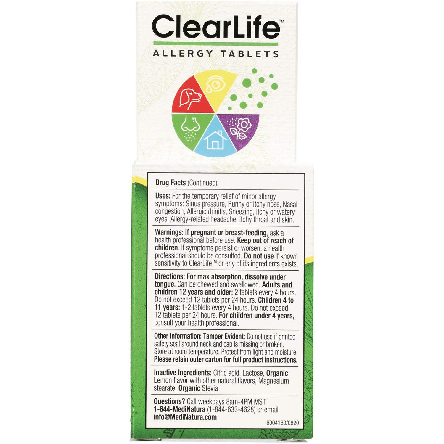 MNA054 | Back panel with Drug Facts, uses, warnings, directions and inactive ingredients for ClearLife Allergy Tablets