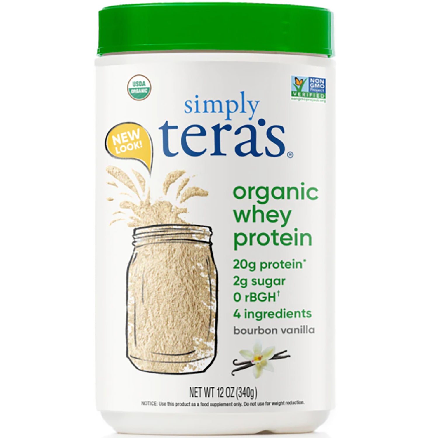 TER008 | Simply Tera's Organic Whey Protein, bourbon vanilla, front of tub, 20g protein, 2g sugar, 12 oz