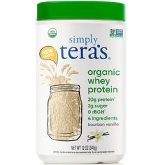 TER008 | Simply Tera's Organic Whey Protein, bourbon vanilla, front of tub, 20g protein, 2g sugar, 12 oz
