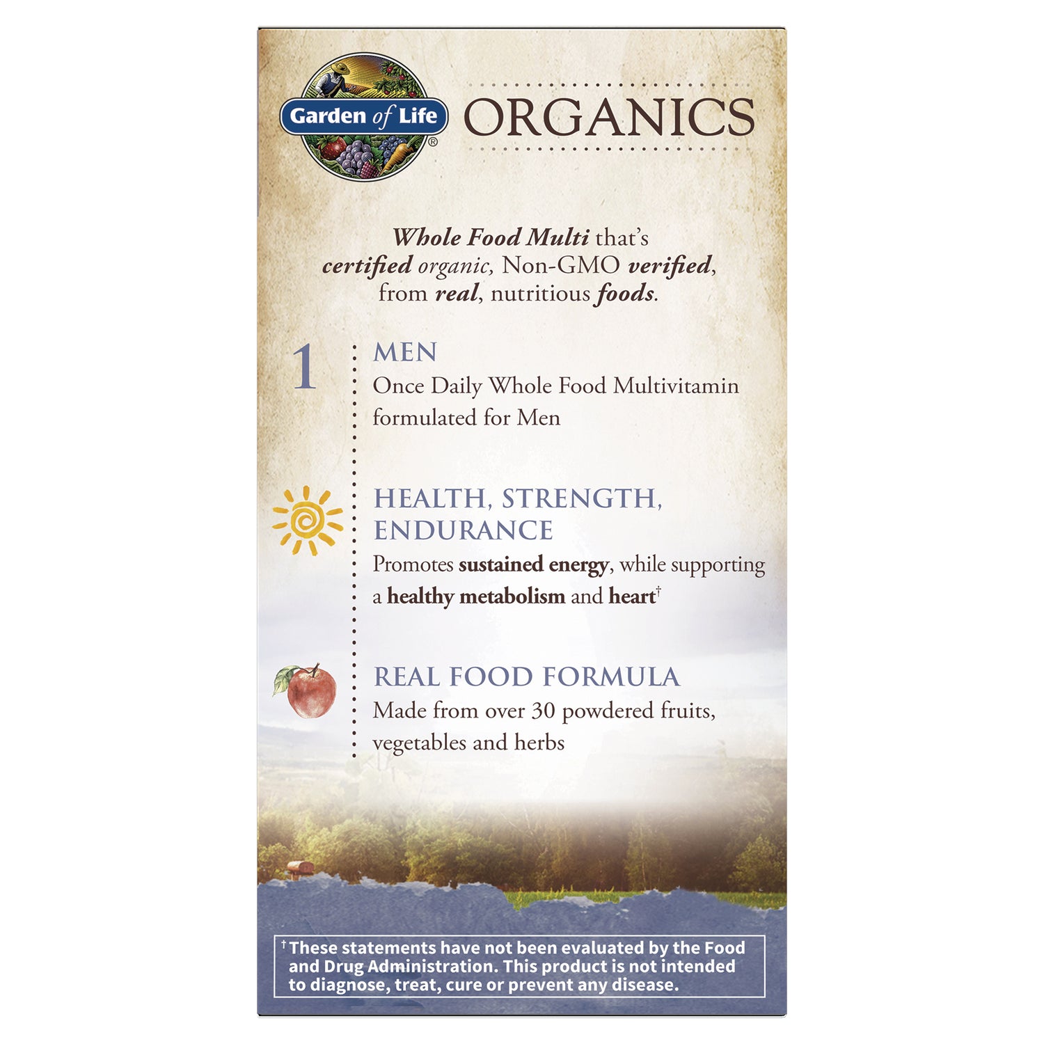 GLF183 | Product infographic for Garden of Life Organics men's whole food multivitamin highlighting health, endurance, real food formula