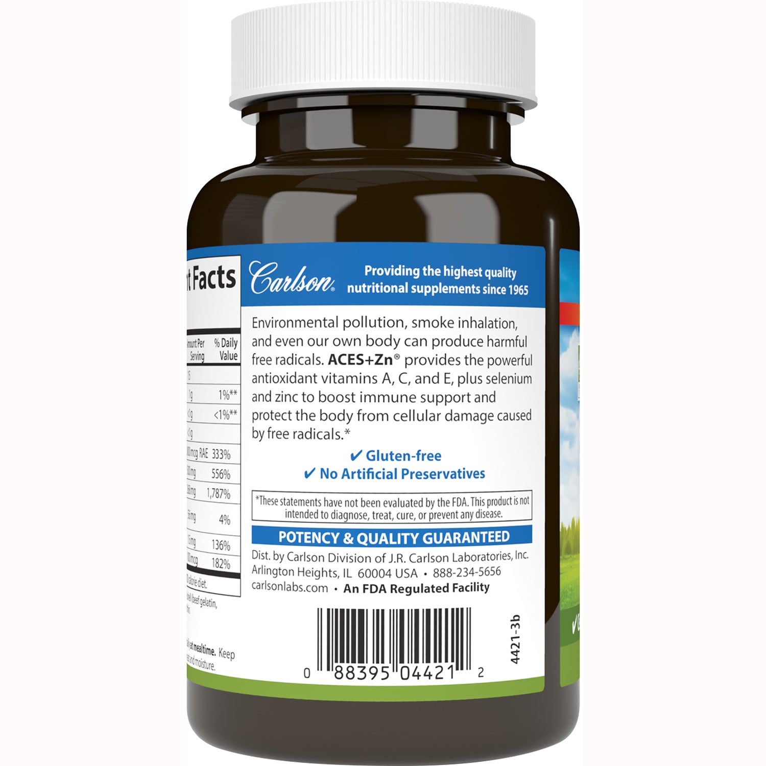 CSN049 | Back label of brown supplement bottle showing product description, gluten-free and no artificial preservatives claims, potency guarantee and barcode