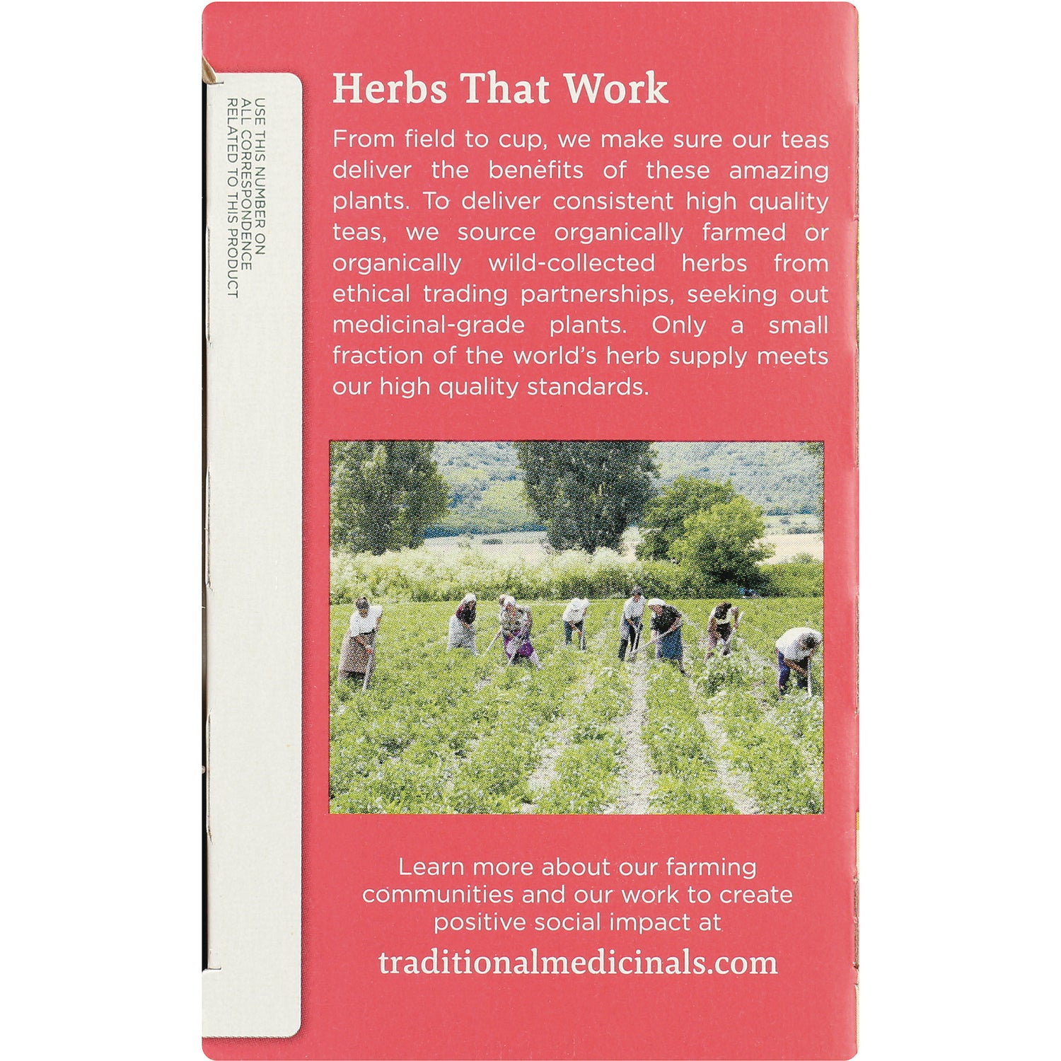 TMD025 | Back panel: Herbs That Work sourcing message with farm photo; traditionalmedicinals.com