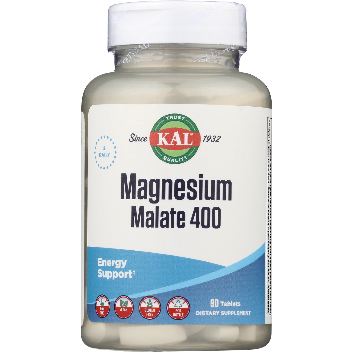 KL469 | KAL Magnesium Malate 400 supplement bottle front showing label, 90 tablets, Energy Support