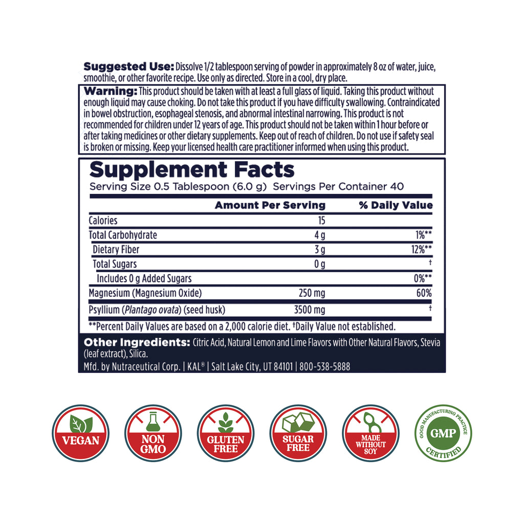 KL590 | back label showing Supplement Facts panel, serving size, ingredients, warnings and certification icons: Vegan, Non-GMO, Gluten Free, Sugar Free, Made Without Soy, GMP - Thumbnail
