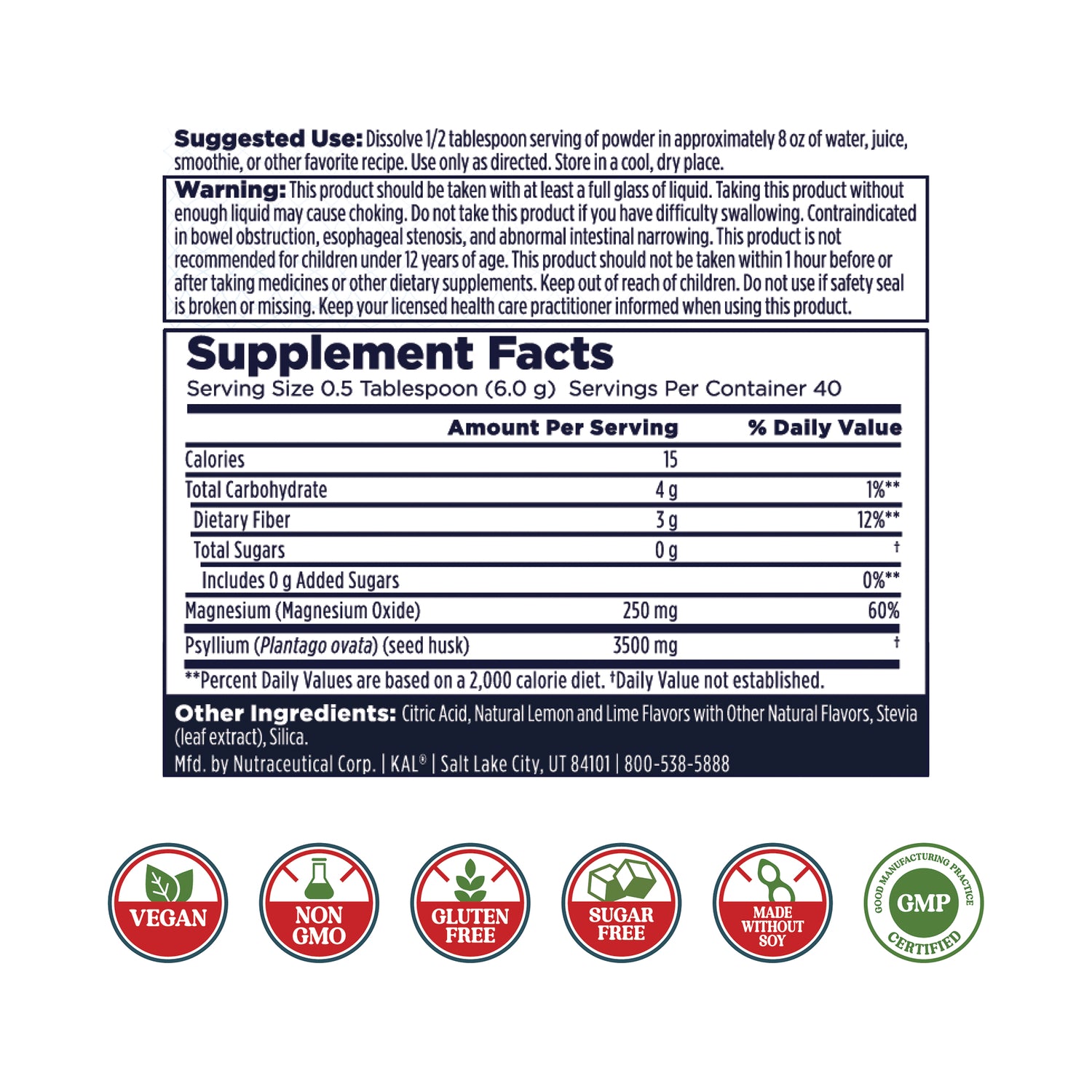 KL590 | back label showing Supplement Facts panel, serving size, ingredients, warnings and certification icons: Vegan, Non-GMO, Gluten Free, Sugar Free, Made Without Soy, GMP