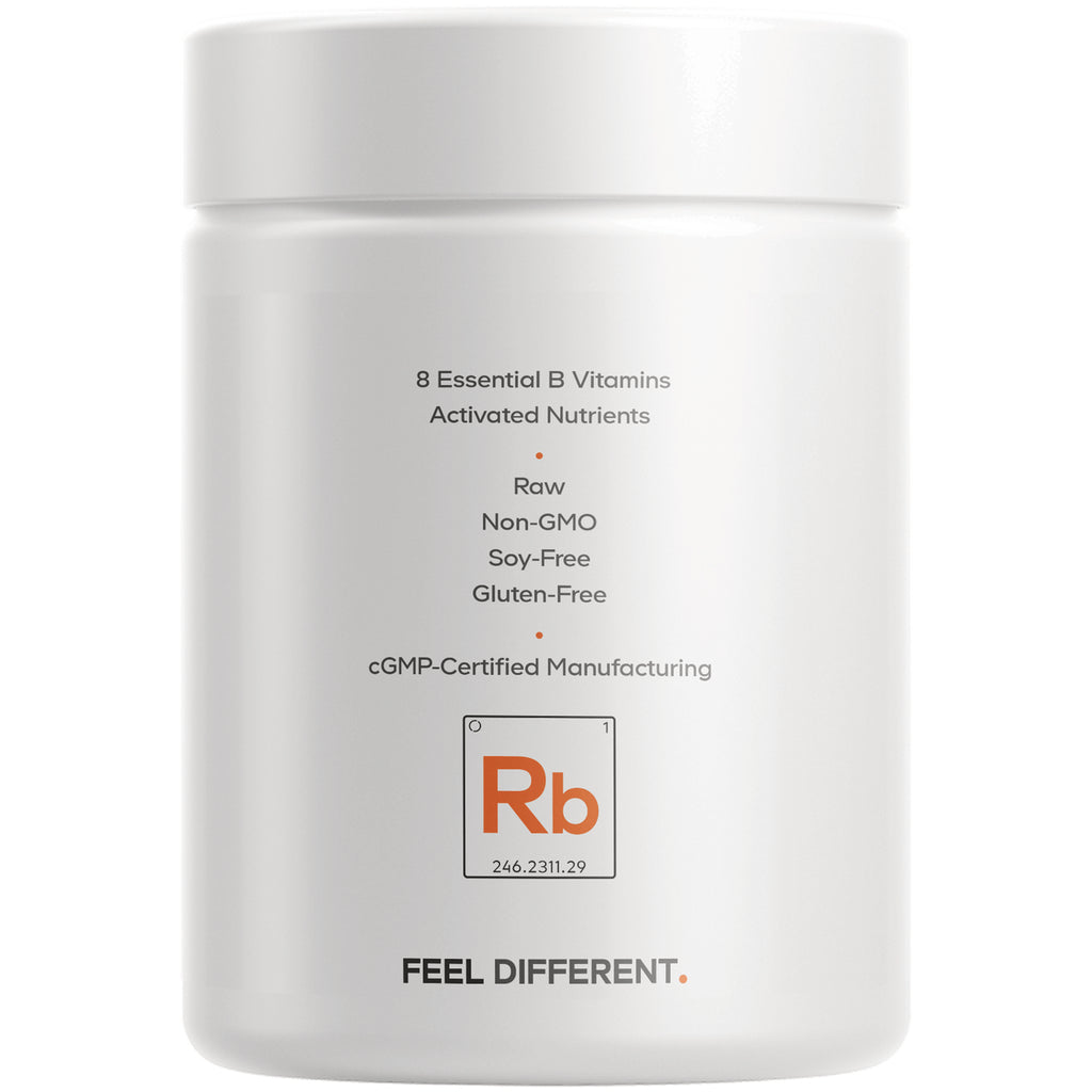 CDG068 | Back label of white supplement jar listing 8 Essential B Vitamins; Raw, Non-GMO, Soy-Free, Gluten-Free; cGMP-Certified Manufacturing - Thumbnail