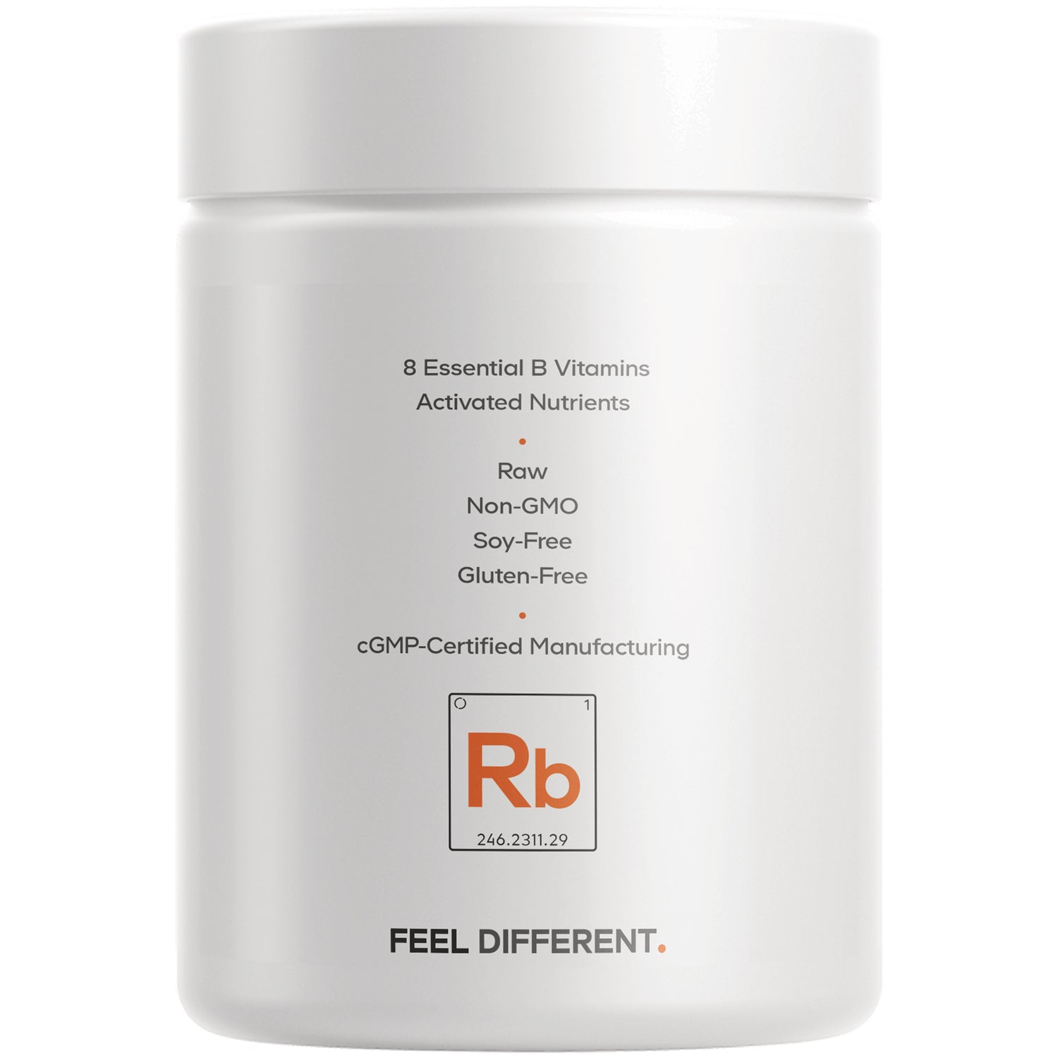 CDG068 | Back label of white supplement jar listing 8 Essential B Vitamins; Raw, Non-GMO, Soy-Free, Gluten-Free; cGMP-Certified Manufacturing