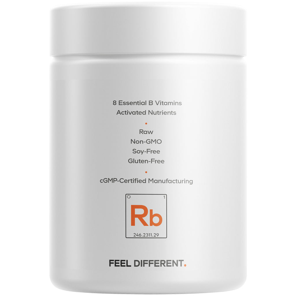 CDG068 | Back label of white supplement jar listing 8 Essential B Vitamins; Raw, Non-GMO, Soy-Free, Gluten-Free; cGMP-Certified Manufacturing - Thumbnail