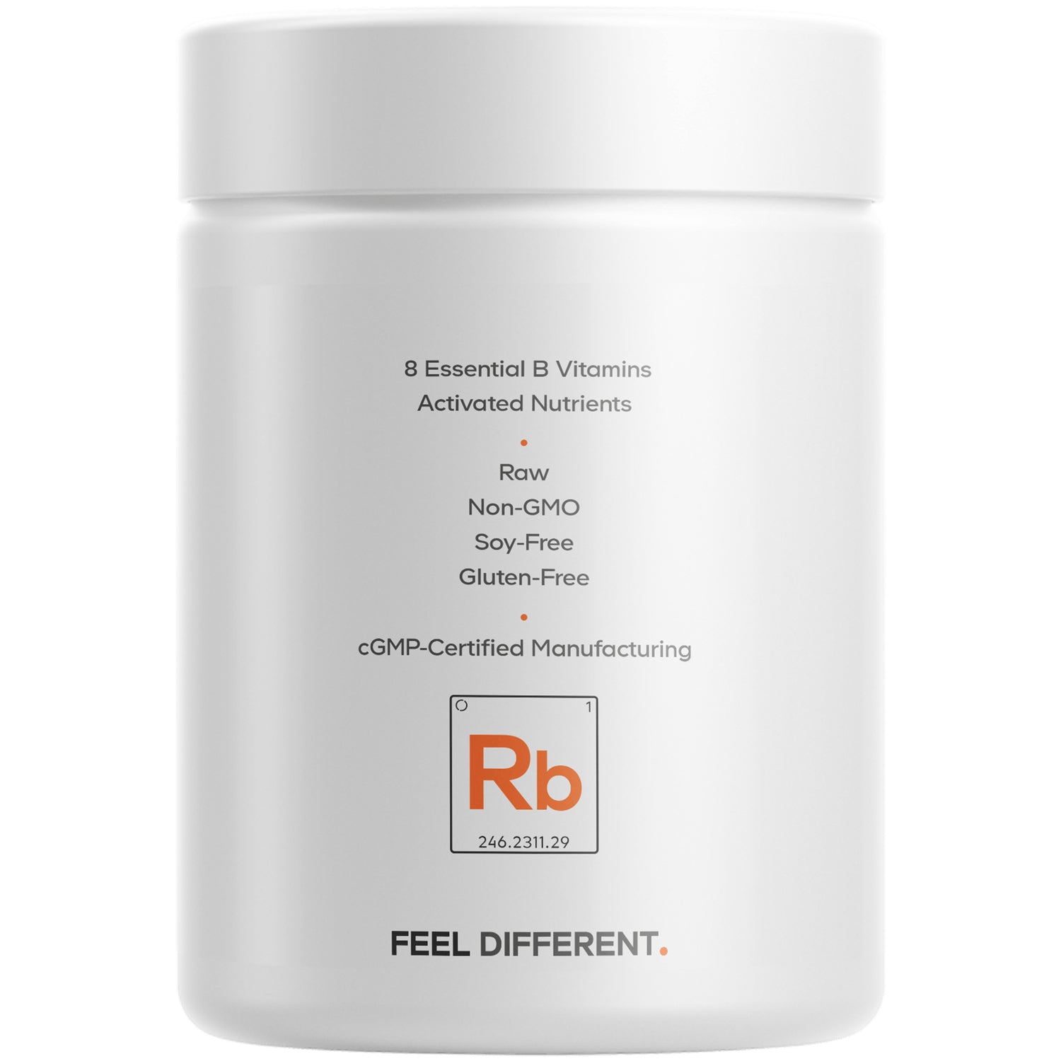 CDG068 | Back label of white supplement jar listing 8 Essential B Vitamins; Raw, Non-GMO, Soy-Free, Gluten-Free; cGMP-Certified Manufacturing