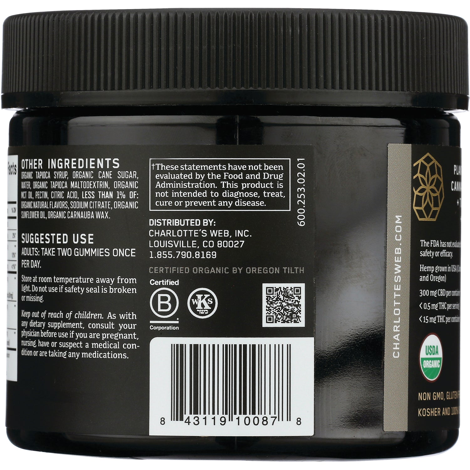 CHW017 | Back label of Charlotte's Web black jar showing ingredients, suggested use, distributor info and barcode