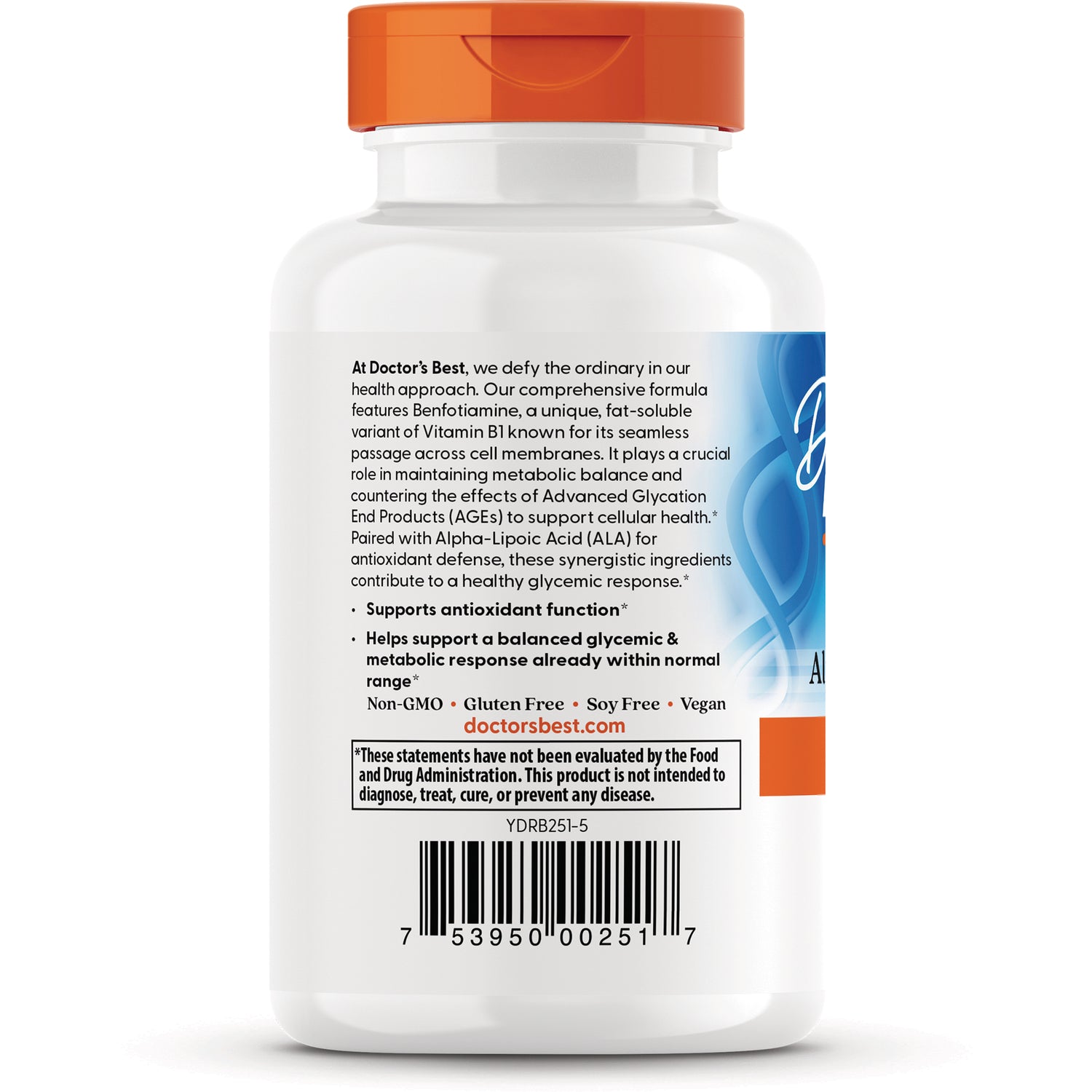 DB186 | back label of white supplement bottle showing product description, benefits, barcode, and doctorsbest.com