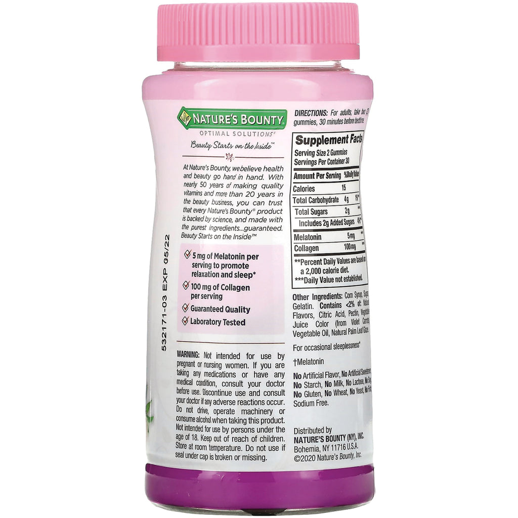 NBY103 | Back of Nature's Bounty pink-lidded supplement bottle showing supplement facts, ingredients and warnings - Thumbnail