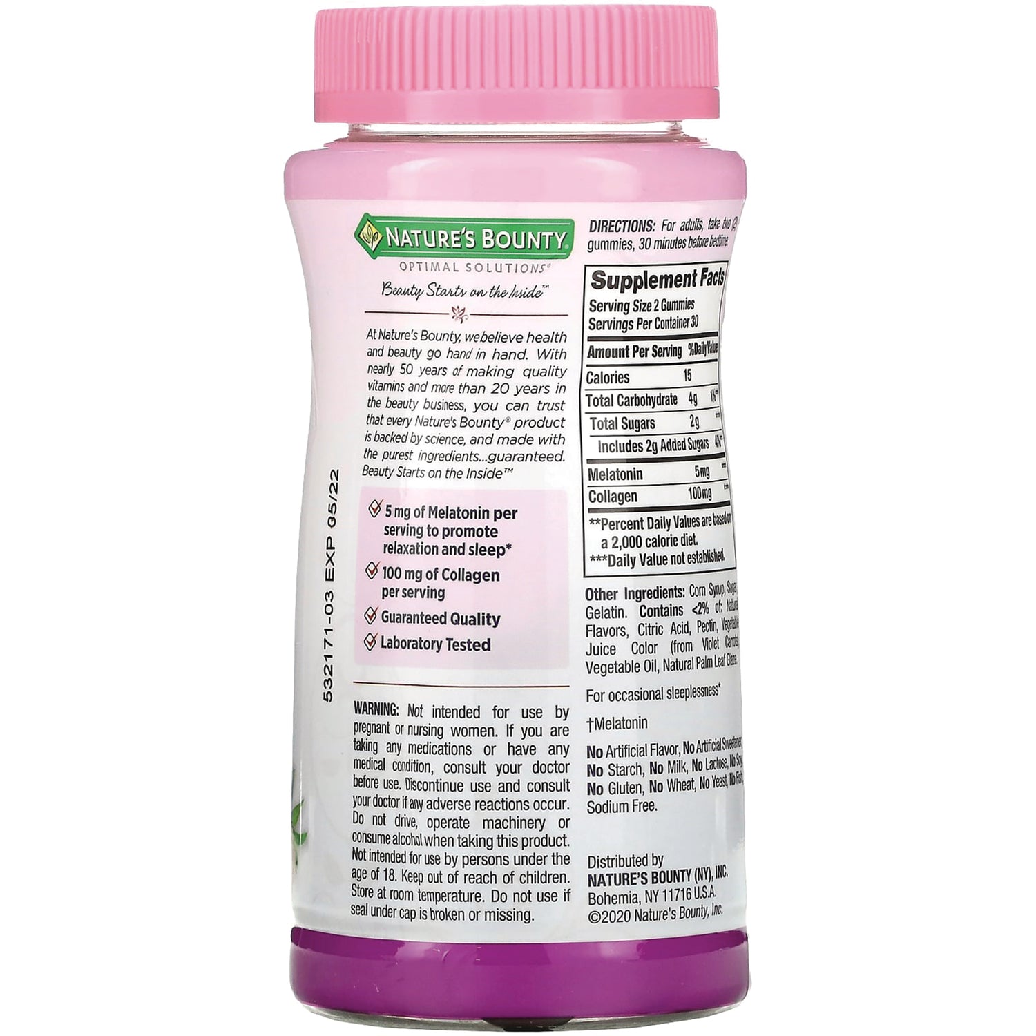 NBY103 | Back of Nature's Bounty pink-lidded supplement bottle showing supplement facts, ingredients and warnings