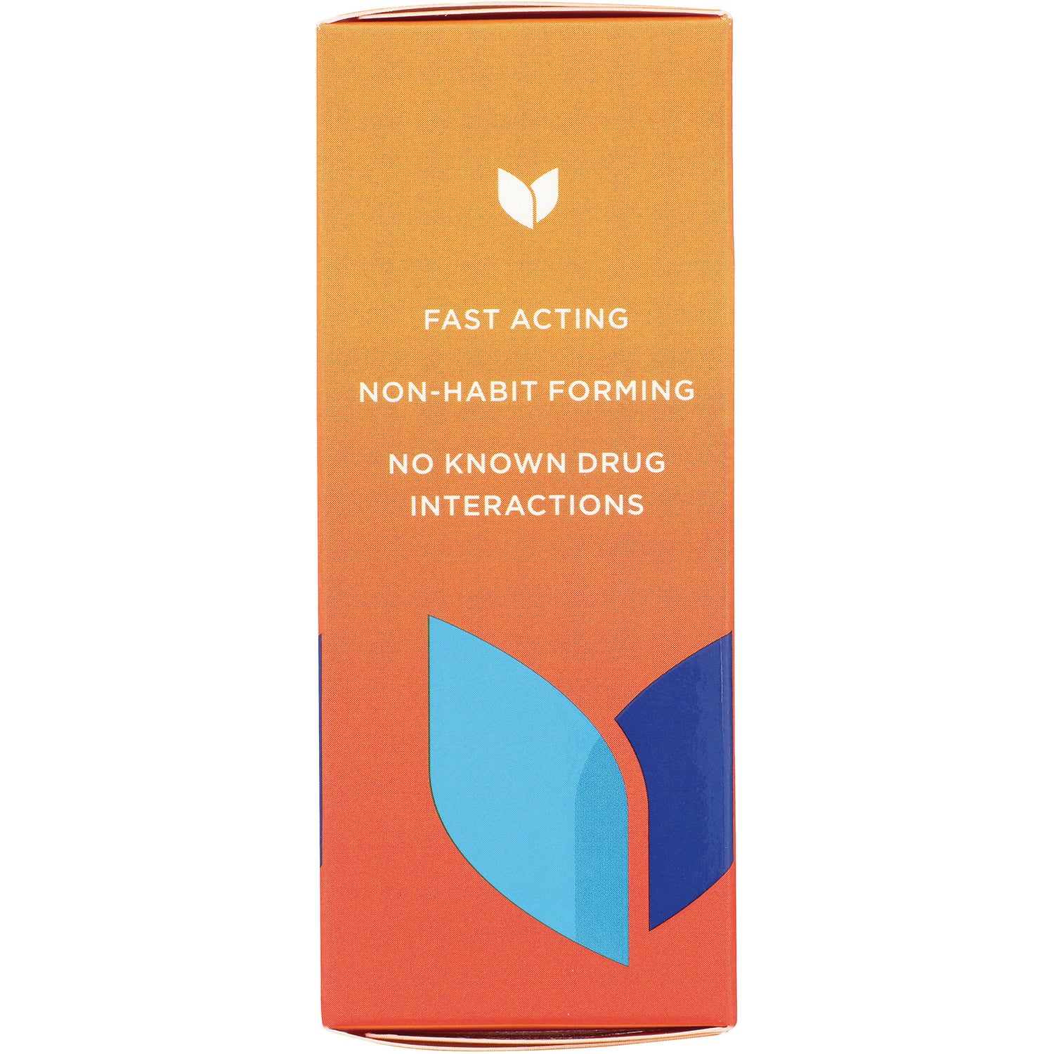 HY257 | Back of orange gradient box with leaf logo and text FAST ACTING; NON-HABIT FORMING; NO KNOWN DRUG INTERACTIONS