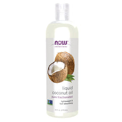 NWF1264 | NOW Solutions liquid coconut oil bottle, front label with halved coconut graphic