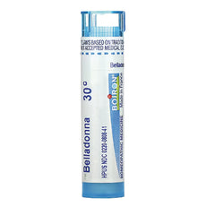 BRN058 | white and blue homeopathic pellet tube labeled Belladonna 30C with blue childproof cap