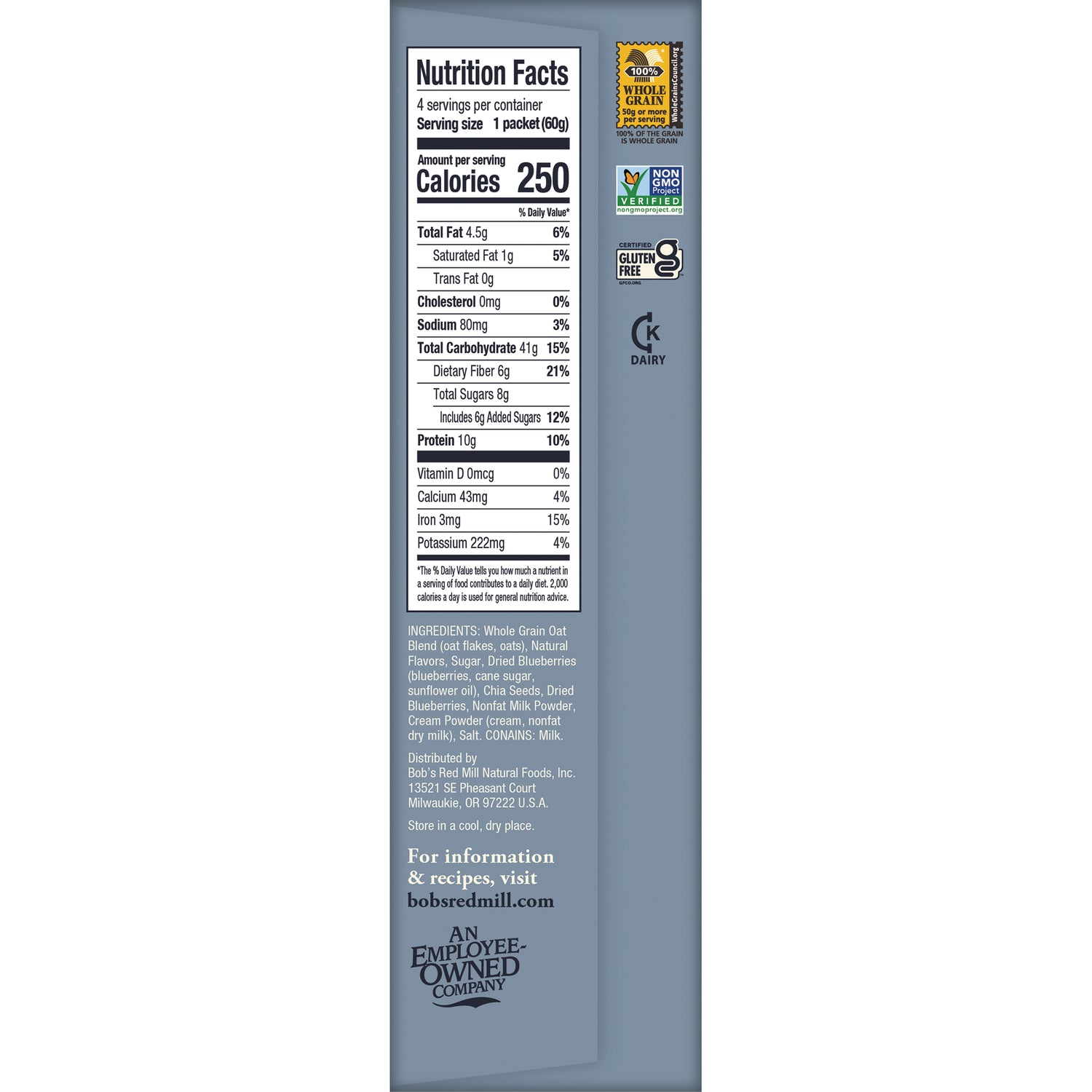BOB487 | back panel showing Nutrition Facts, ingredients list, certifications and bobsredmill.com information
