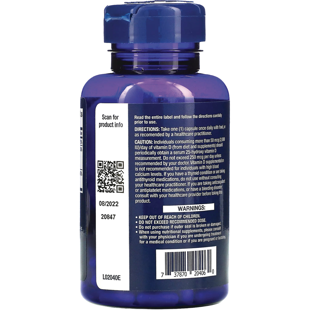 LE438 | Back of blue supplement bottle showing directions, warnings, QR code, barcode, and expiration 08/2022 - Thumbnail