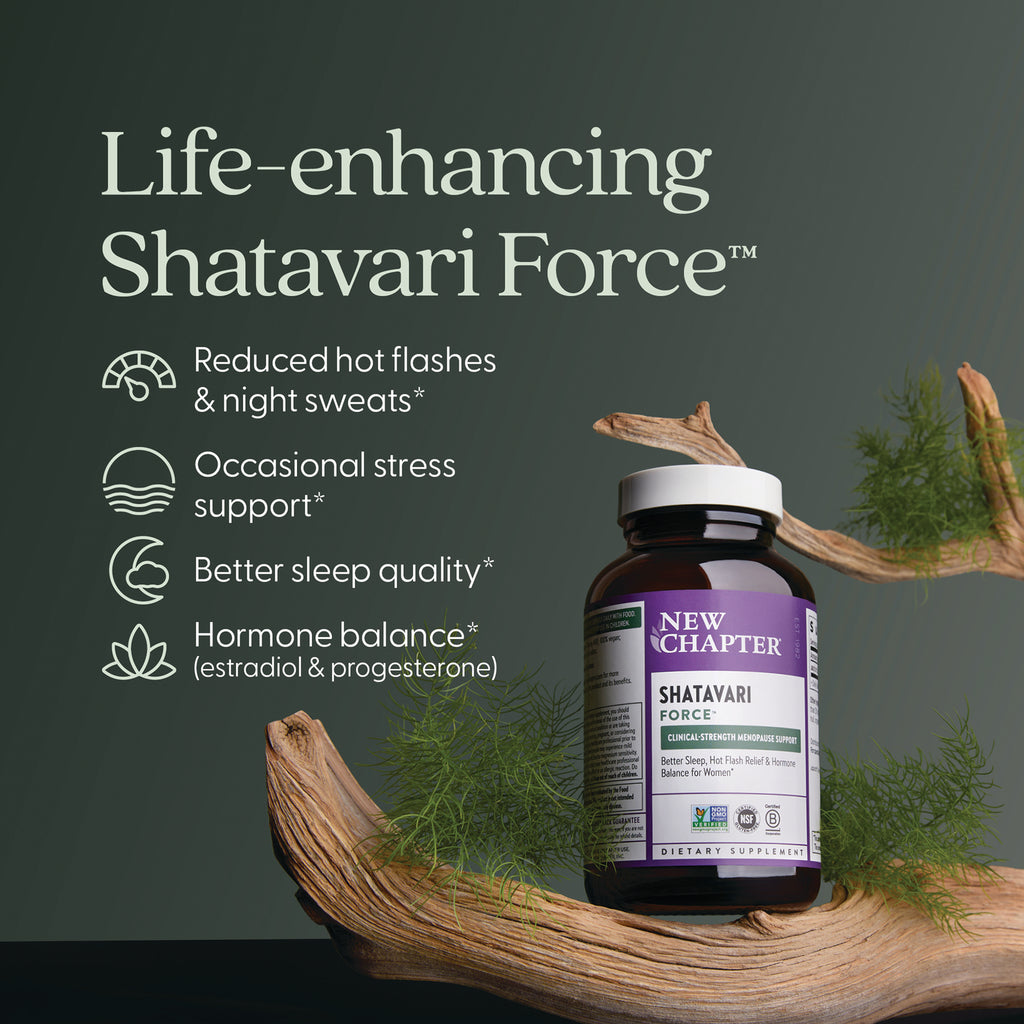 NWC398 | New Chapter Shatavari Force supplement infographic with benefits for hot flashes, stress, sleep, and hormone balance - Thumbnail
