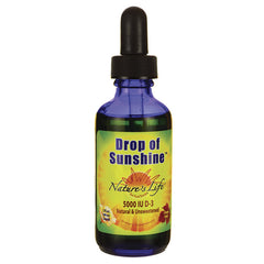 NSL038 | blue glass dropper bottle labeled Drop of Sunshine Nature's Life 5000 IU D-3, front view