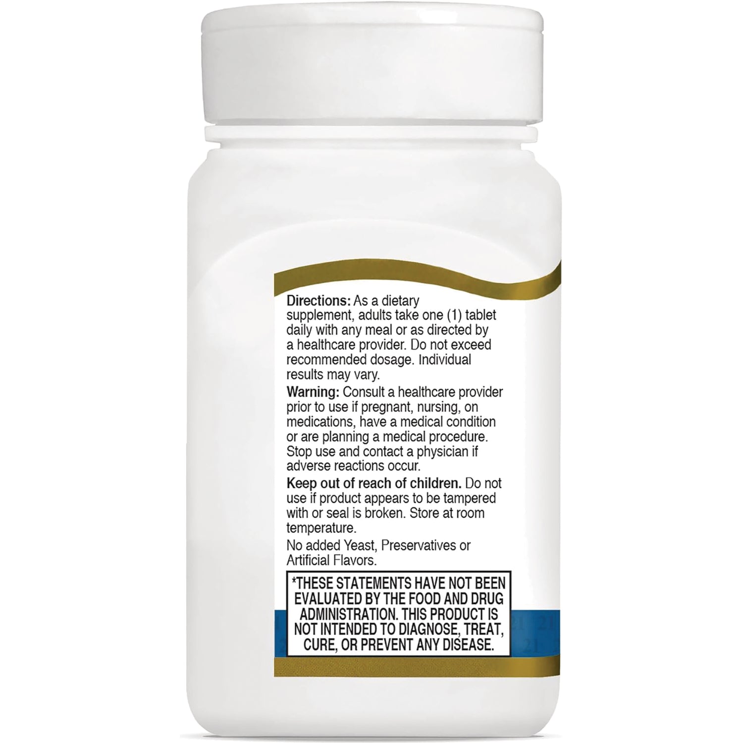 CNT006 | Back label of white supplement bottle showing directions, warnings, and FDA disclaimer