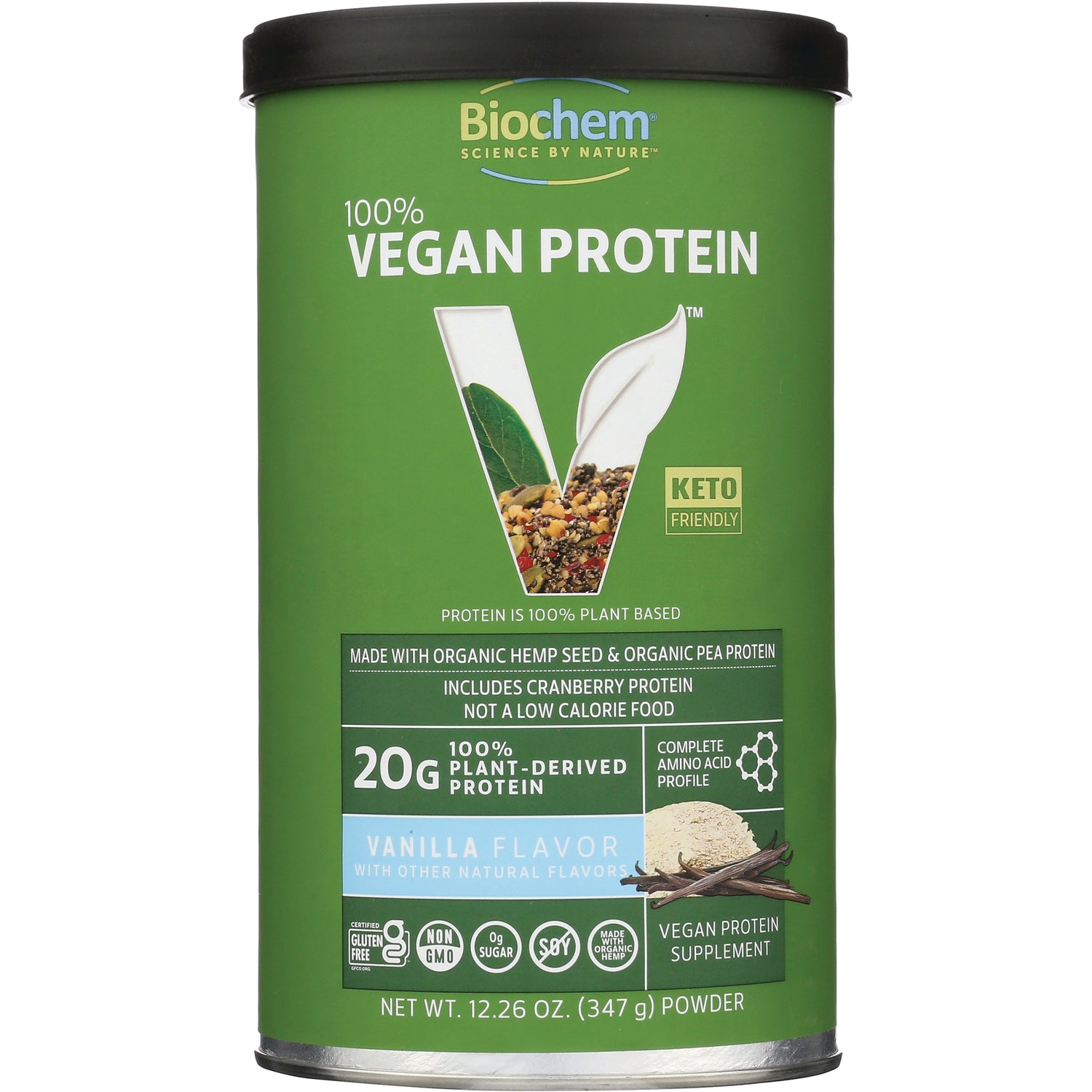CRL365 | Biochem 100% Vegan Protein powder, vanilla flavor, 20g plant-derived protein front label