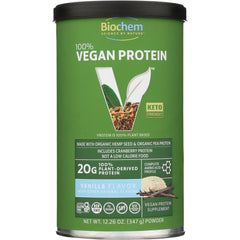 CRL365 | Biochem 100% Vegan Protein powder, vanilla flavor, 20g plant-derived protein front label