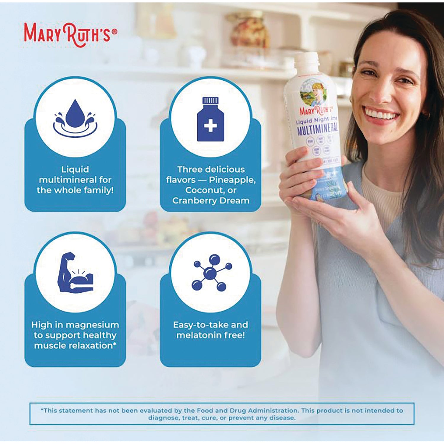 MRR021 | back infographic showing product benefits icons and a woman holding a bottle of MaryRuth's liquid multimineral