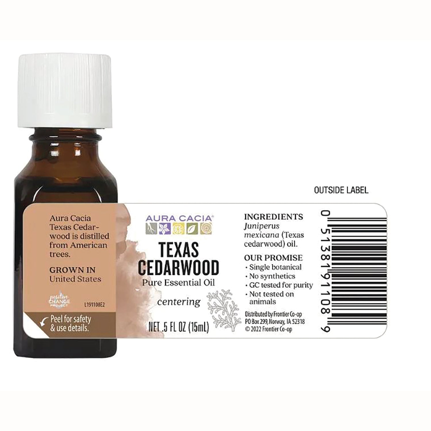 ARC011 | Amber essential oil bottle back label for Aura Cacia Texas Cedarwood showing ingredients, promise text, barcode and NET .5 FL OZ (15 mL)