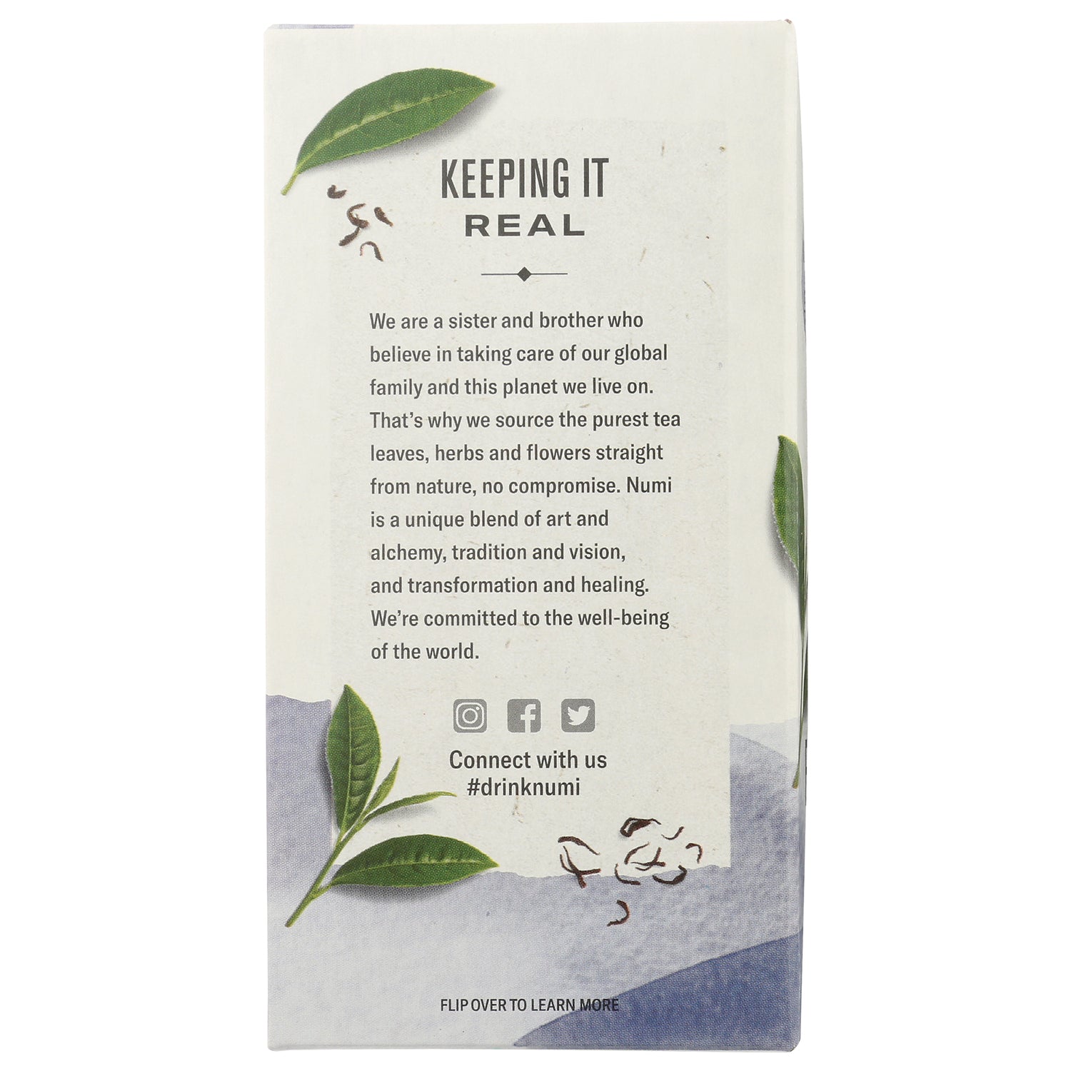 NUM007 | Back of tea box showing KEEPING IT REAL heading, company story text and Connect with us #drinknumi